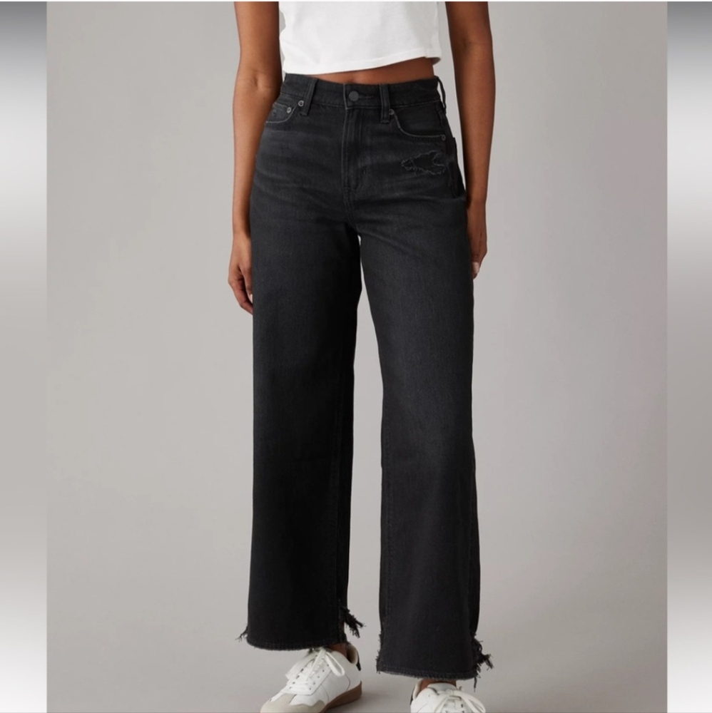 American Eagle 00 Regular Super High Waisted Baggy Wide-Leg Ankle Jeans Black